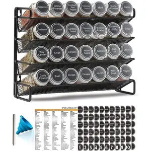 Rack Organizer with 28  Jars, 386  Labels, Chalk Marker and Funnel Set for Cabinet, Countertop, Pantry, Cupboard or Door & Wall Mount - 28 Jars, 13.4" W x 10.8" H, Black