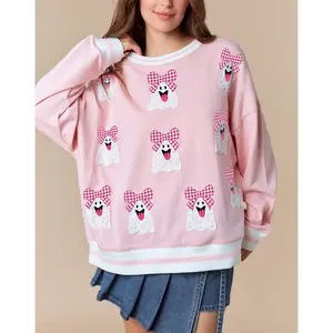 Women’s Halloween Sweatshirts Fashion Ghost Embroidery Long Sleeve Oversized Pullover Tops