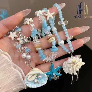 Boho Ocean Theme Beaded Bracelet, Blue Starfish Shell Pearl Charm Bracelet, Summer Beach Aesthetic Stackable Jewelry for Women, Vacation & Daily Wear Accessory