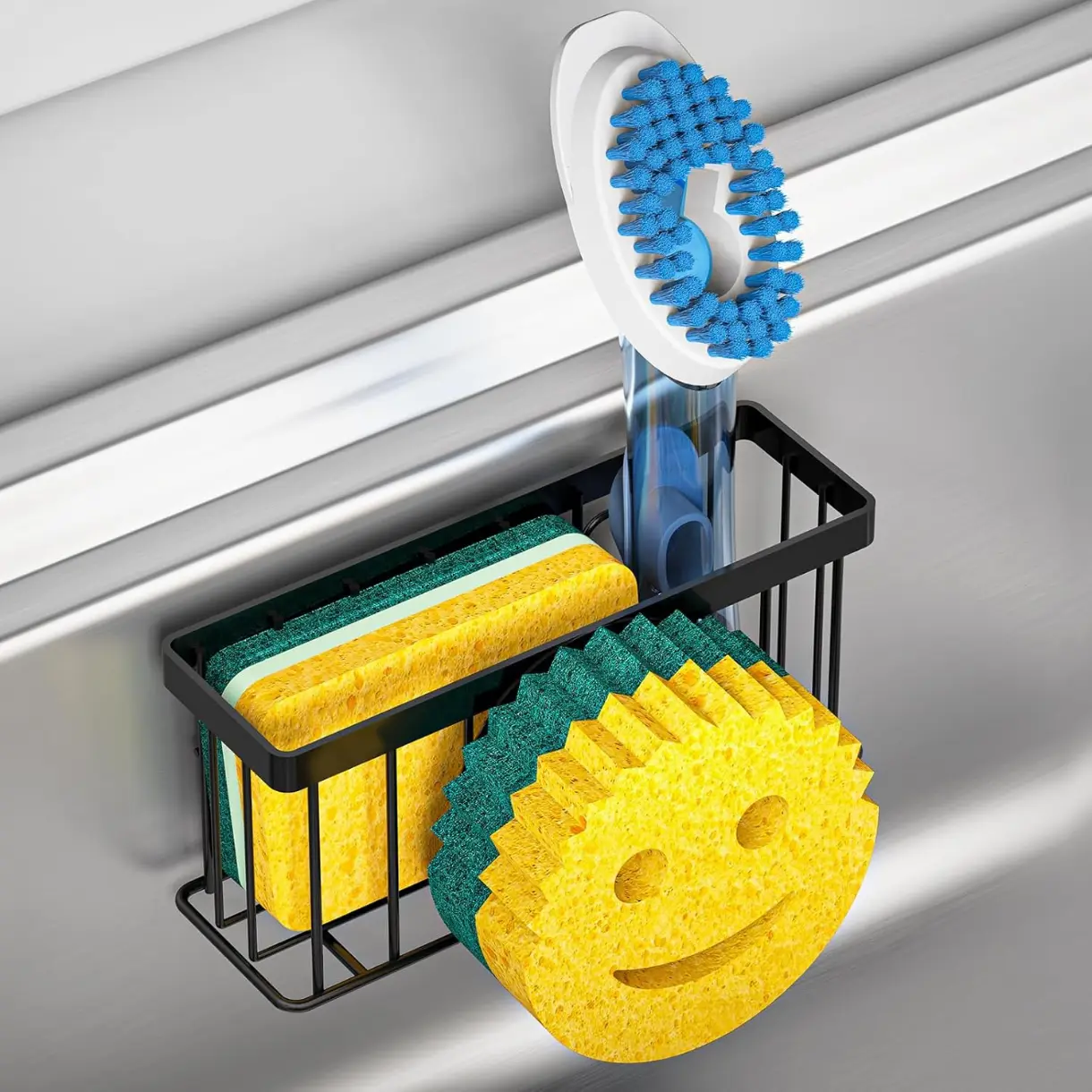 Sponge Holder Smiley Face, Sink Caddy for kitchen Sink,Sponge Holder with 2 PCS Suction Cups/1 PCS Adhesive Strips, Designed for Sponge, Soap, Dish brush, Scrubber-Black