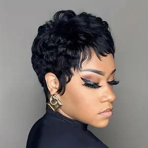 New Wear and go wigs [Brazilian Remy Human Hair Wig] 150% Density Brazilian Remy Human Hair Wig - Chic Black Pixie Cut for Women - Straight Layered Short Style with Bangs