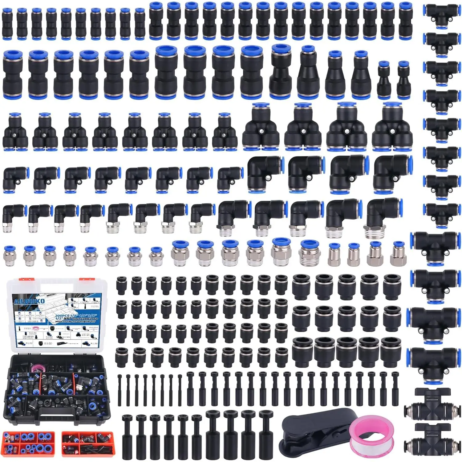 200 count Quick Connect Air Hose Fitting Assortment Kit,Push to Connect Fittings 1/8" 1/4" 3/8" 1/2" NPT Thread Pneumatic Air Line Quick Connect Quick Release Fitting Kit