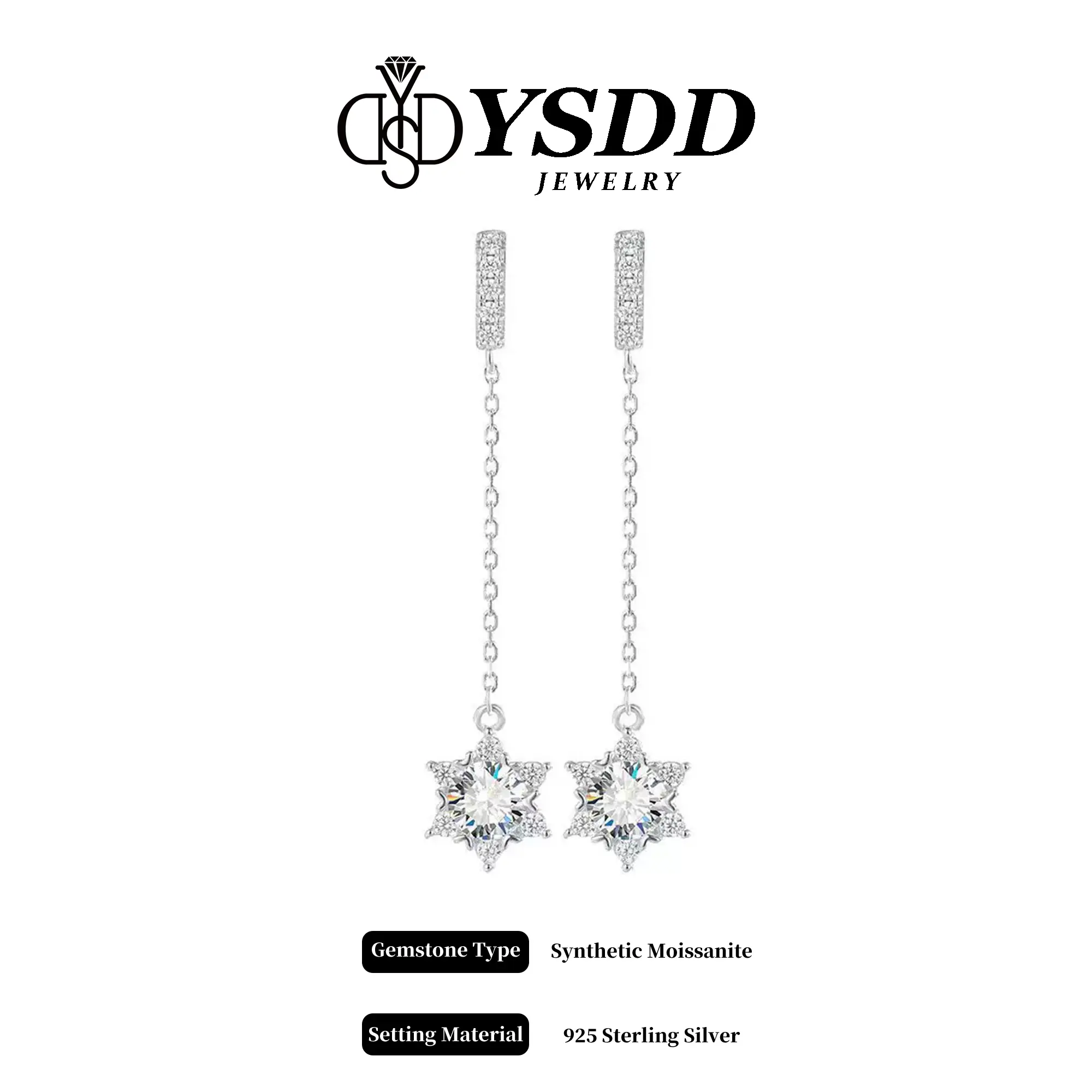 【#549 For Special Occasion】Elegant 2CT Total Long Dangling Star Earring vvs Synthetic Moissanite Earrings in 925 Sterling Silver