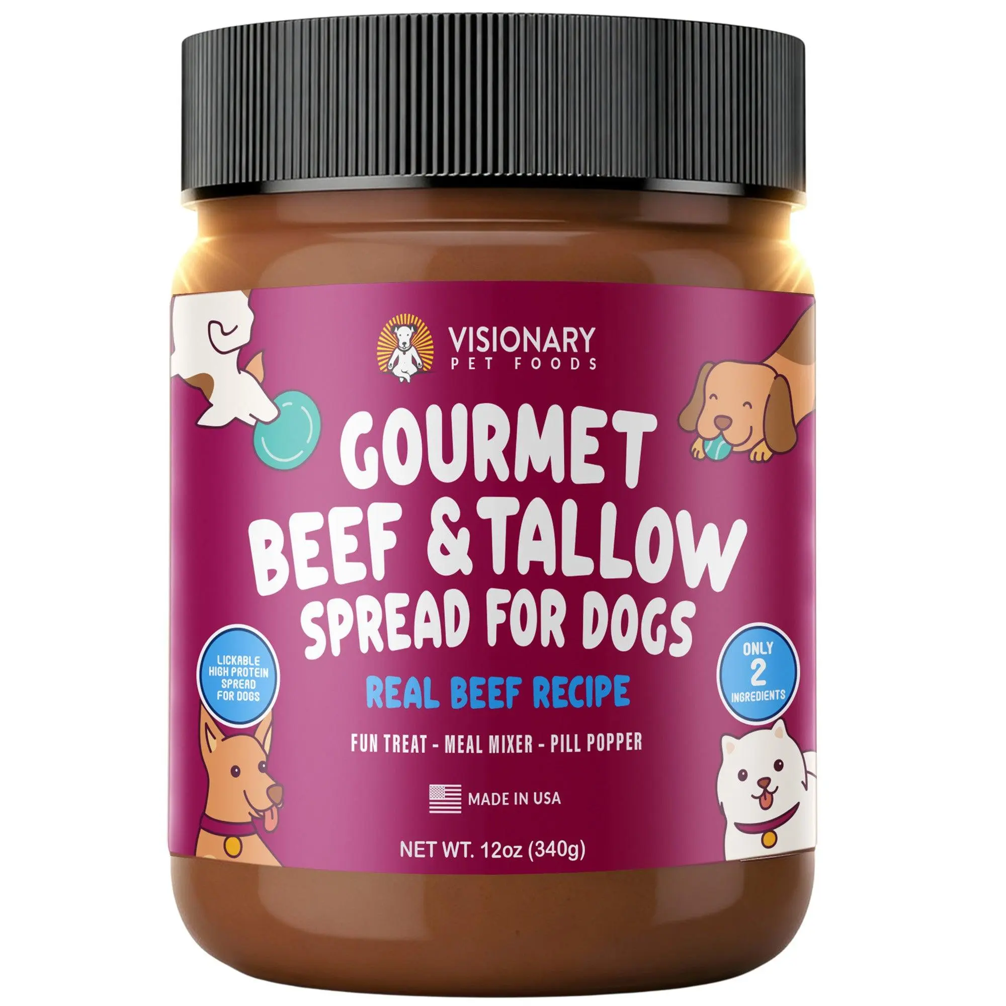 Visionary Pet Foods Beef & Tallow Dog Meat Spread Food Topper, 12oz Jar, High-Protein, 0 Carbs, No Fillers, Low-Carb, Keto-Friendly, Clean Choice Dog Treats for All Ages & Healthy Weight Support