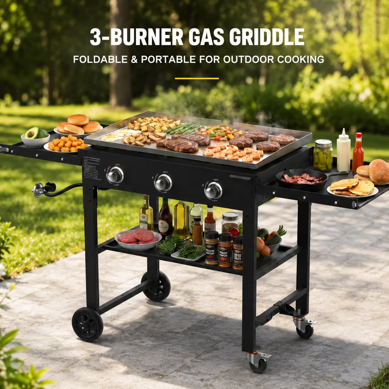 BESTFIRE 45K BTU Outdoor Flat Top Grill – 35" 3-Burner Propane Griddle with Foldable , Heat Resistant Stainless Steel, Enameled Cast Iron Grate for Camping cooking barbecue gas psi regulator side shelf picnic cooker