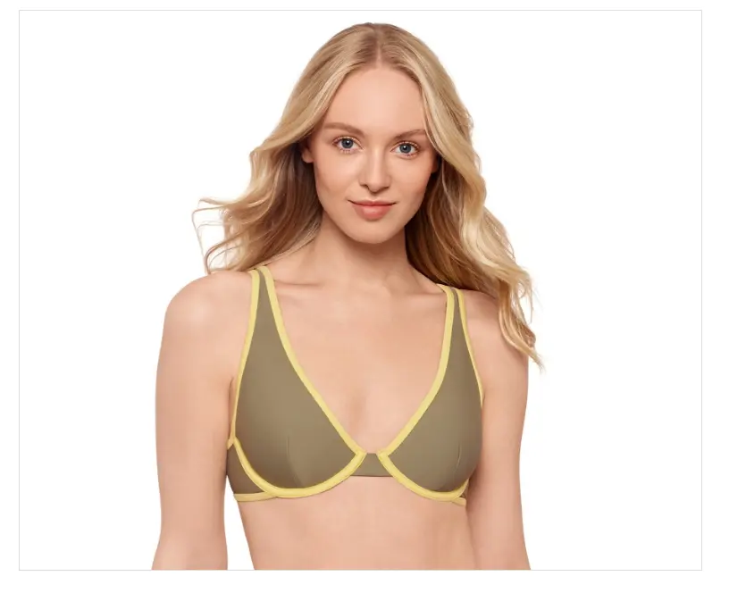 Juniors' Salt + Cove Supportive Plunging Neck Underwire Bikini Top - Sage Green Nylon Surfwear, Beach Wear with Bold Trim