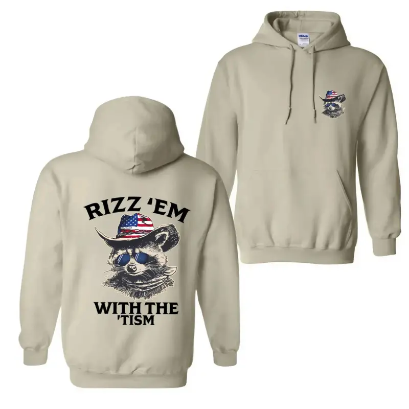 Women's Polyester Yarn Athletic Jet Hoodie - Rizz 'Em With The 'Tism Design, Raccoon In American Cowboy Hat & Sunglasses, Ideal for Outdoor Parties & Casual Wear, Sweatshirt, Knit