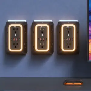 3 Pack 10 IN 1 USB Wall Charger With Night Light, 6 AC Outlet Extender with 4 USB Charging Ports(2 USB C), 3-Sided Design USB Wall Charger for Home Travel Office（black）