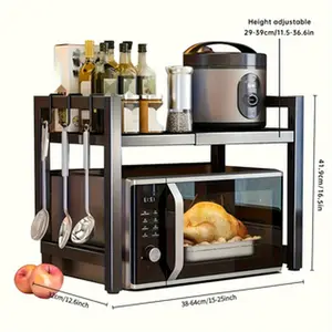 Expandable kitchen storage rack for microwave and oven | Black metal countertop storage rack with open storage rack, perfect for storing spices, cutlery and cookware, appliance storage rack | Functional kitchen rack | Black metal frame