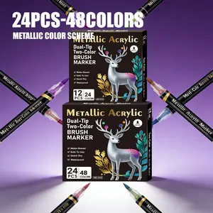 Metallic Acrylic Paint Markers, Waterproof Acrylic Markers, Dual Tip Dual Color, 12/24/48 Colors Available, Ideal for Rock Painting, Canvas, Wood, Glass, Ceramic, Fabric, Plastic, Acrylic Marker Pen