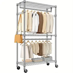 Heavy Duty Rolling Garment Rack 3-Tier Adjustable Wire Shelving Clothes Rack with 2 Rods & Side Hooks, Mobile Storage Shelf Suitable for, Retail, Commercial Use, Stainless Frame Color: Chrome Size: 3 Tier with 2 rod, 15.7"D x 29.5"W x 74.5"H