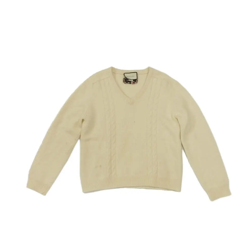 Pre-owned GUCCI Wool Small Leather Goods Double G V Neck Cable Knit Cashmere Sweater