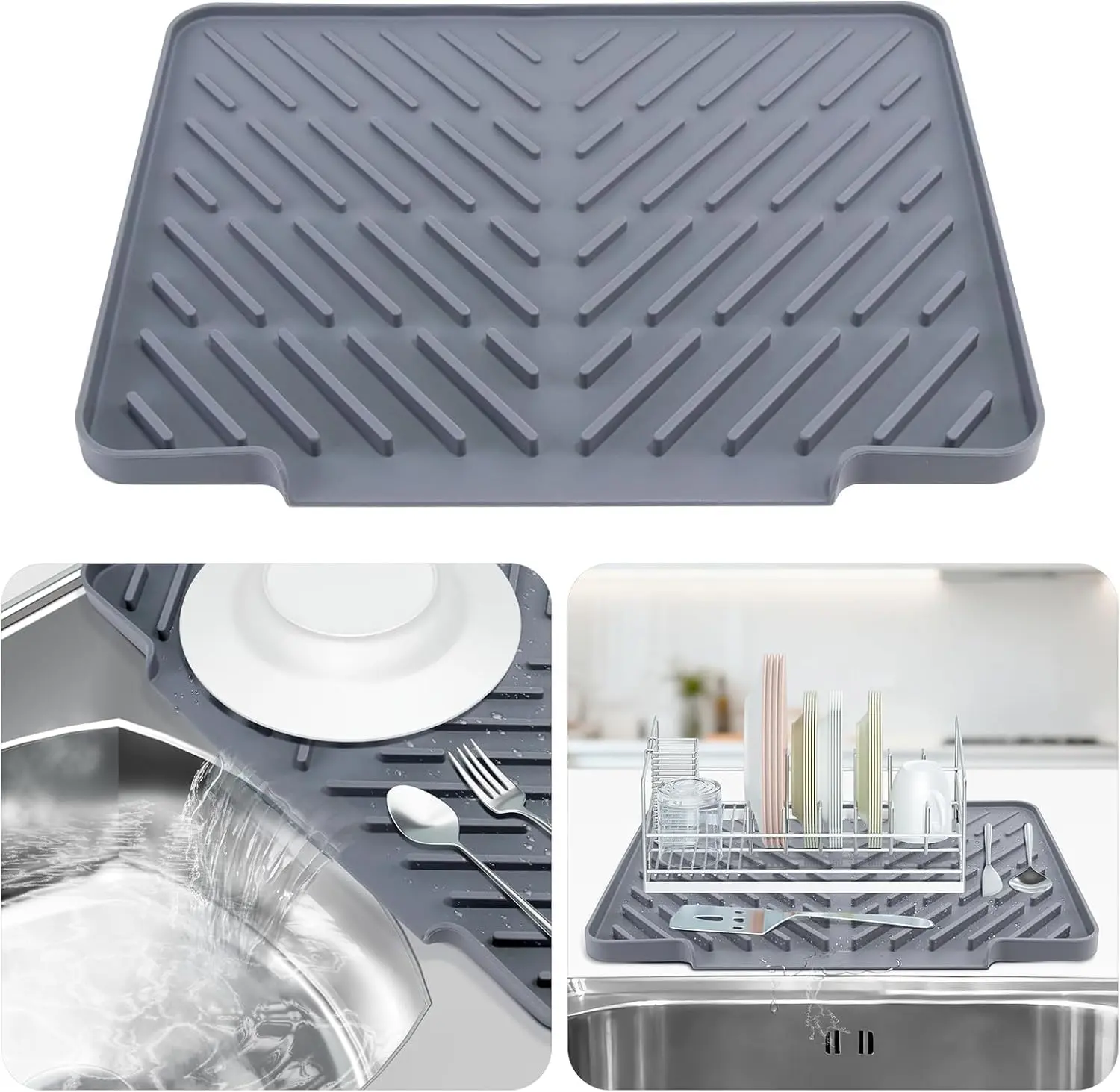 Silicone Dish Drying Mat for Kitchen Counter Essentials with Wider Drain Spout, Non-Slip Heat Resistant Dish Drying Pad with Hanging Hole for Sink RV Camper Travel Multipurpose Drainer Mat Grey