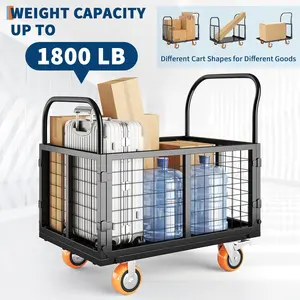Garvee 1800LBS Heavy Duty 4-in-1 Foldable Platform Truck Cart with Cage - 4 Swivel Wheels Push Cart Dolly for Grocery, Laundry, Garage & Warehouse