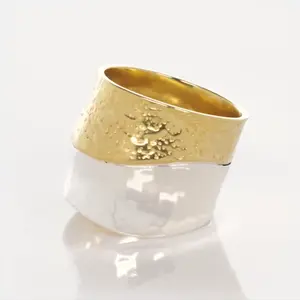 Two-Tone Hammered Wide Band Ring, Statement Ring, Minimalist Eye-Catching Jewelry