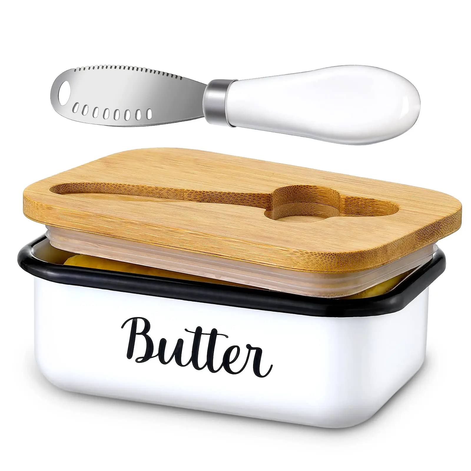 Premium Stainless Steel Rectangular Butter Dish with Lid - Kitchen Wood Accent, Waterproof Good Sealing, Curler Knife, Double Silicone Gasket, Easy-Clean Finish, Large Dustproof Countertop Keeper for Everyday Use Cooking Freshness, White, Rectangle Design