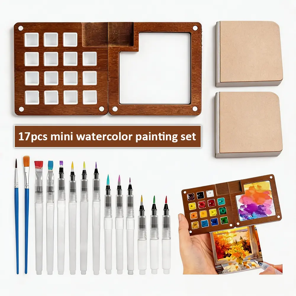 17Pcs Mini Watercolor Travel Set, Colorful Pocket Watercolor Paint Kit with Walnut Wood Palette, 2 Sketchbooks, 5 Brushes & Carry Bag, Portable Art Supplies for Beginners, Artists and Outdoor Sketching