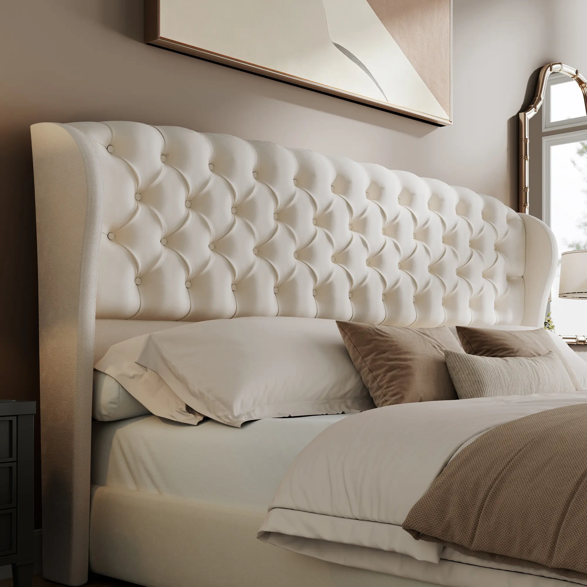 AMERLIFE Headboard Only, Velvet Upholstered Wingback, Cream | velvet upholstery, deep button tufted, curved wingback design, King/Cal King, Full/Queen, compatible, easy assembly, contemporary bedroom[tiktokshopbacktoschool][SohoChic]