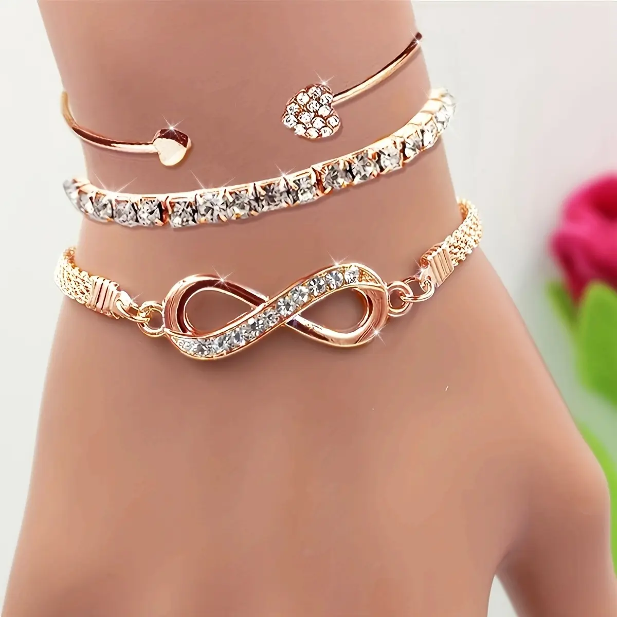 3pcs Women's Bracelet Set - Fashionable Elegant Rhinestone Infinity Symbol Tennis Chain Open Bangle Set - Suitable for Everyday Versatile Party Gift for Girlfriend