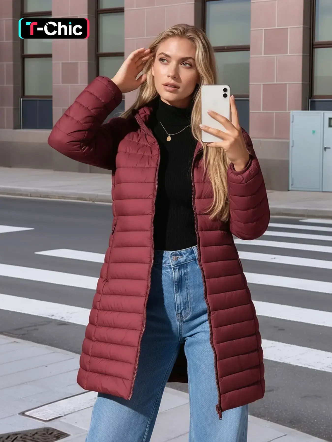 Women's Mid-Length puffer Hooded Fitted Long Sleeve Jacket with Zipper Pockets, Casual Plain Woven Fabric Coat for Fall & Winter Everyday Outdoor Commuting Outerwear Womenswear Lady Solid Color Jackets