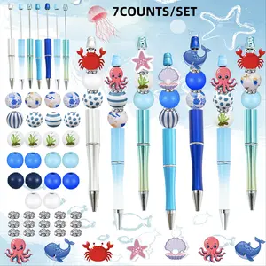7PCS Underwater World Crab Octopus Whale Starfish Shell Theme DIY Bead Ballpoint Pen And Wood Bead Set DIY Bead Supplies, Beaded Pens, Suitable As School Reward Gift, Ocean Enthusiast Gathering Gift, Party And Birthday Gift For Office And Study Supplies