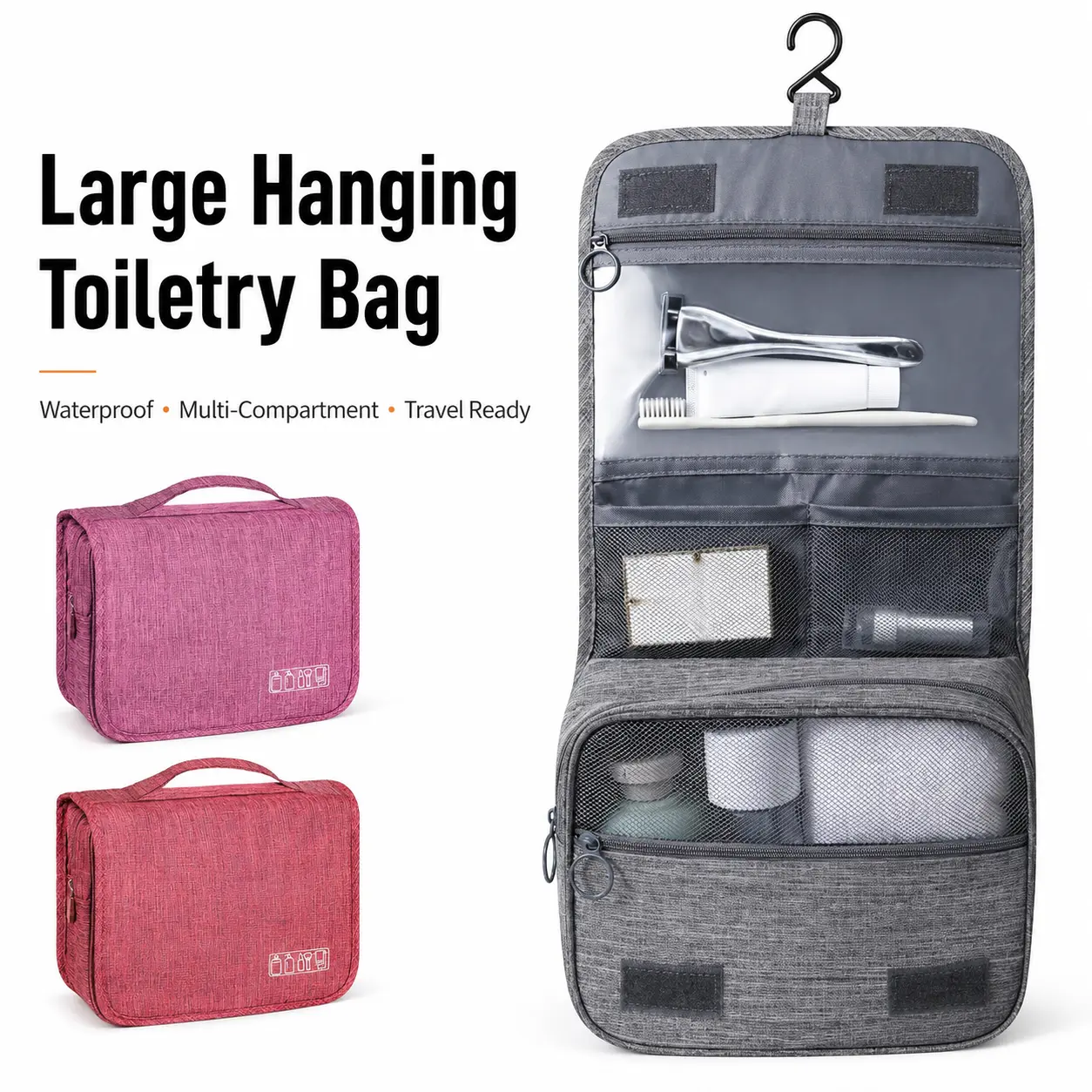 Large Hanging Toiletry Bag, Waterproof Travel Organizer Bag with Hook and Multiple Compartments, Portable Makeup Cosmetic Storage Case for Women Men, Bathroom Shower Accessories, Shampoo, Skincare, Toothbrush and Travel Essentials