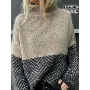 Vintage Color Block Half-Up Sweater - Casual Loose Fit, Long Sleeve Pullover with Contrast Trim, Beige & Gray Striped Design, for Fall/Winter, Relaxed Fit| Style Construction, Dress(Sheets)