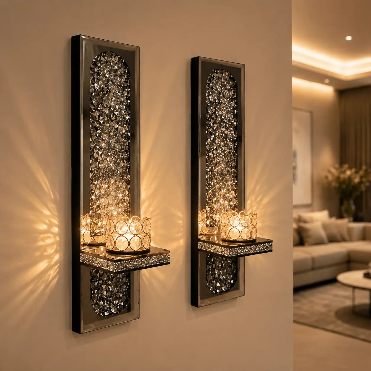 Gold Crystal Mirror Wall Candelabra Set - 2-Piece Casual Auspicious Home Ornament, Mood Lighting Wall Decor for Living Room Candle Holders
