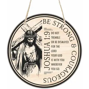 Retro Round Rustic Wooden Hanging Sign - Hangable Jesus Carrying The Cross, "Be Strong & Courageous" Bible Verse Symbol of Strength, Door Decor, Room Decor Inspirational Christian Gift for Mom Home Accessory
