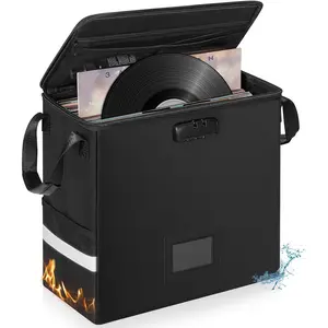 Fireproof Vinyl Record Storage Box, Lockable Fireproof Record Storage Organizer Case, Holds 50+ 7/10/12 Inch Single Vinyl Records, Large Capacity File Storage Organizer