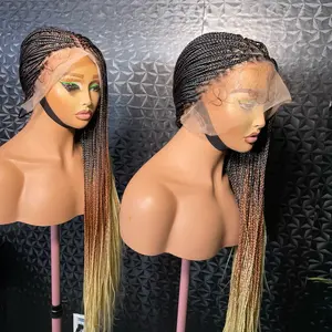 Human Hair Full Lace Glueless Hair Wigs, 32-Inch Spanish Bone Straight Knotless Braids, Ombré Color Mix, 21-22 Inch Cap Size