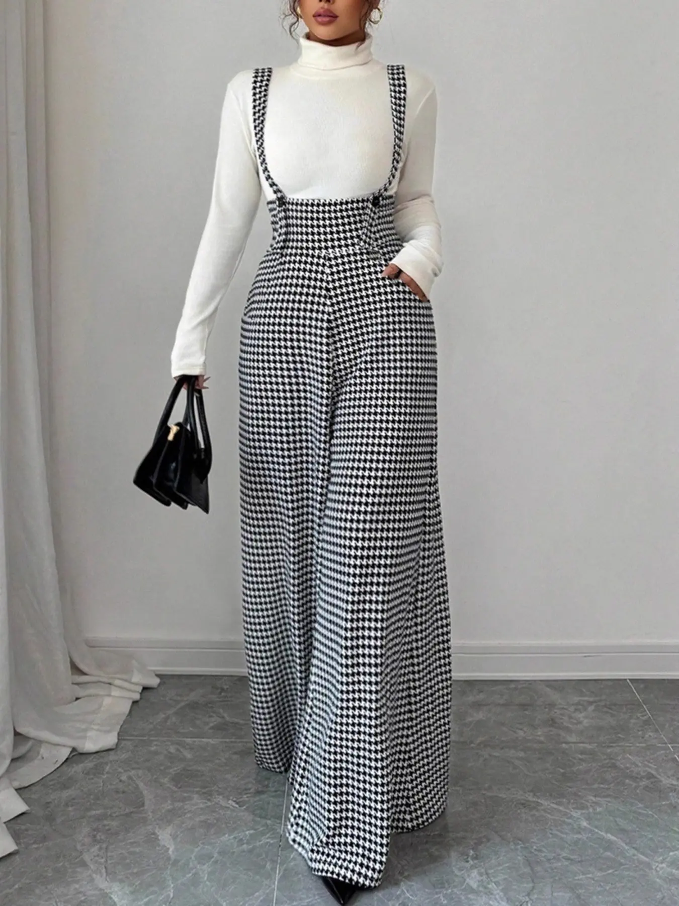 Women's Elegant Chic Plaid Houndstooth Buckle Strap Adjustable Pants, Stylish Backless Design, Perfect for Casual Wear, Comfortable and Trendy Fit Fashion, Womenswear