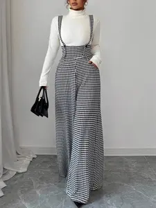Women's Elegant Plaid Houndstooth Buckle Strap Pants, Stylish Backless Design, Perfect for Casual Wear, Comfortable and Trendy Fashion, Womenswear