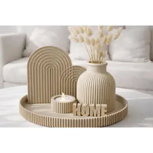Neutral Ribbed Decor Set, Modern Boho Tray, Minimalist Vase Candle Home
