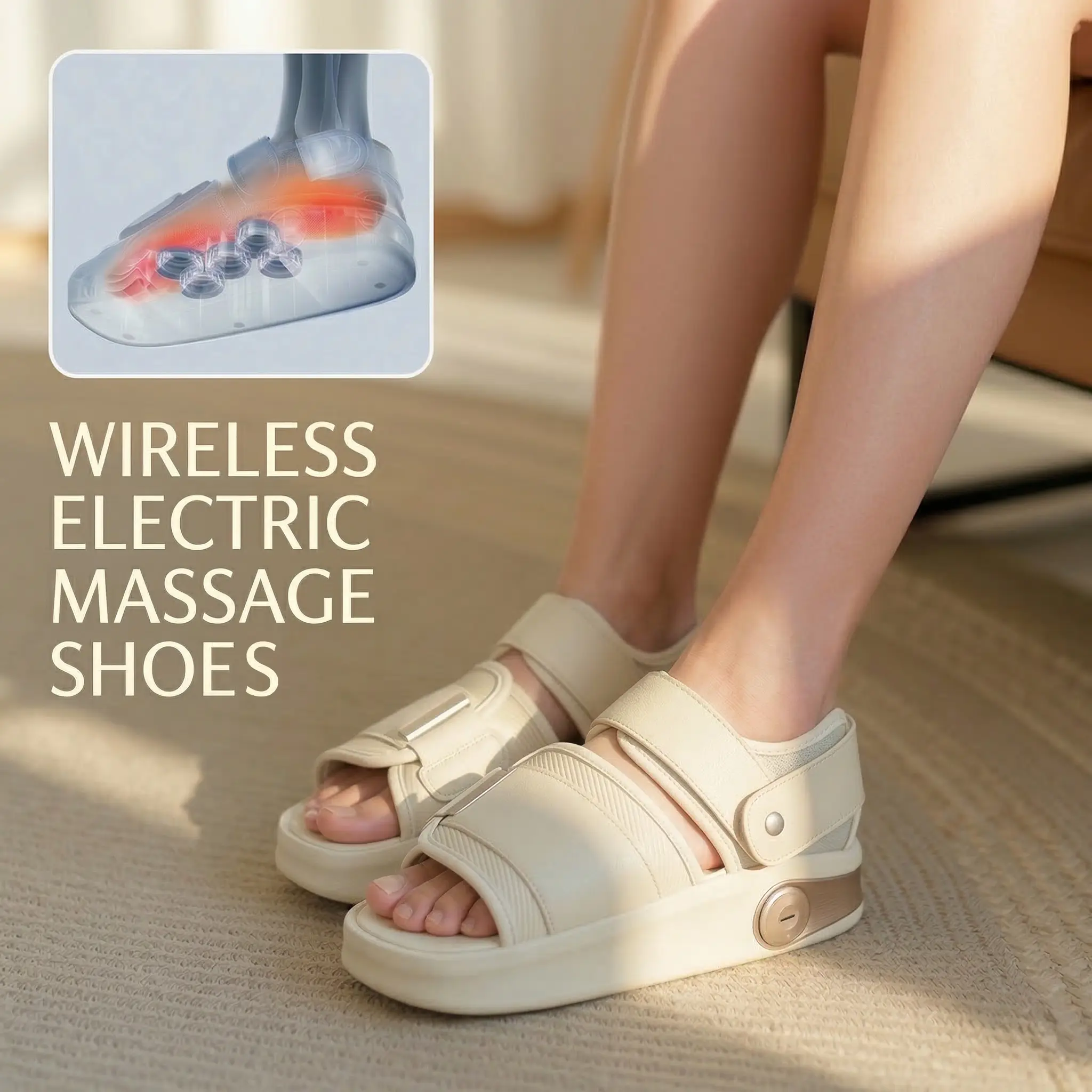 OVENA Wireless Electric Heat Massage Shoes with 5-Magnet Deep Kneading, Air Compression, Battery Powered, Beige, Fits 36-46 (5.5-13 Women/4-12 Men), Beige (5.5-13 Women/4-12 Men)