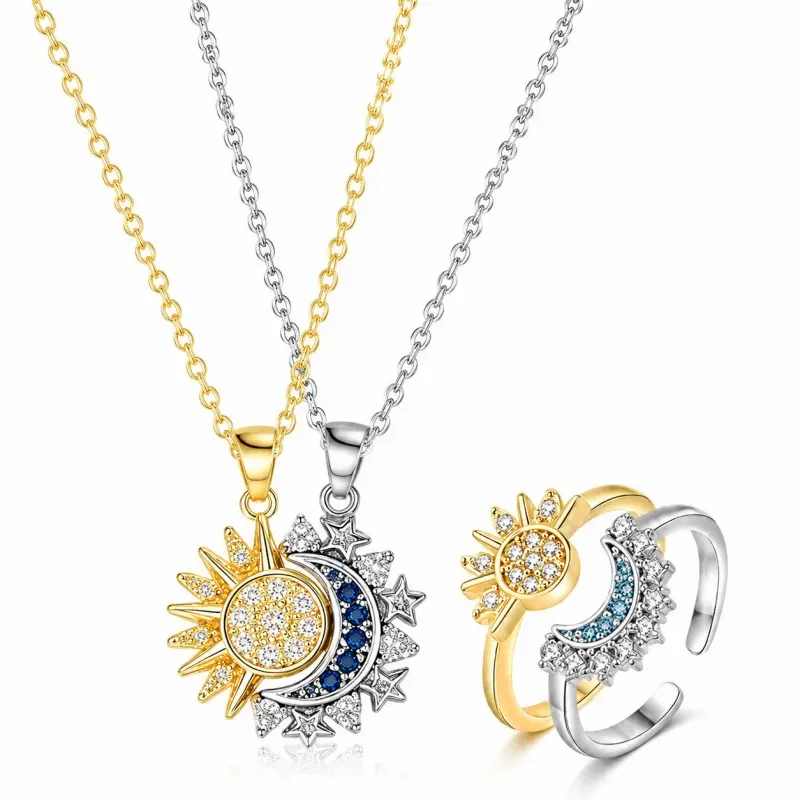 Unisex Celestial Sun & Moon Magnetic Jewelry Set - 2-Piece Matching Set with Pendant, Open-Ring, Necklace, Moon Bracelet, Sun Ring Bracelet, Exquisite Gift Box for Date Night, Anniversary (Casual Daily Gift), Designed As A Matching Set