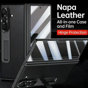 Genuine Leather Phone Case with Built-in Tempered Glass Screen Protector and Magnetic Stand for Samsung FOLD 4, 5, 6, FOLD7 Full-Coverage Hinge-Style Foldable Screen Protective Case with Central Shock-Absorbing Design
