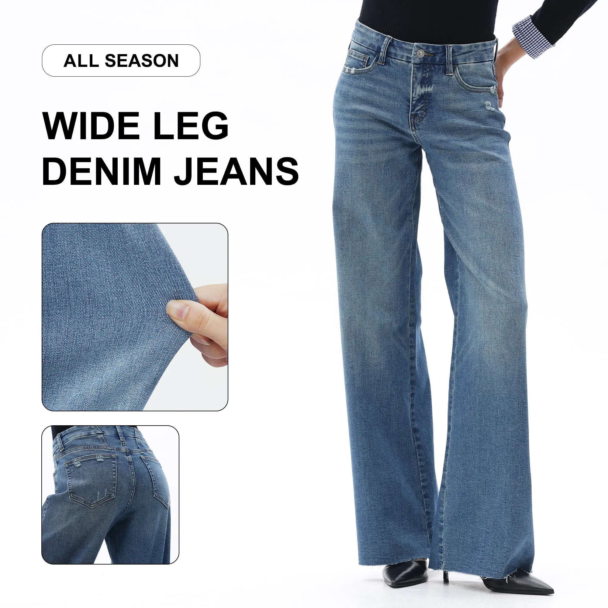 Freya ONESO Women's Mid Rise Wide Leg Denim Jeans Retro Streetwear Style Tummy Control Raw Hem Baggy Pants Comfortable Jeans Commuter Style Baggy High Stretchy Soft Breathable Spring& Summer DIY Inseams #SummerVibes