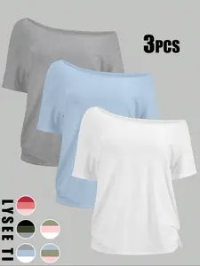 Women's Plus Size Asymmetrical Shoulder Top Set, Casual Fitted Short Sleeve Blouse, Basic Thin Lightweight Daily Wear, 3 Piece Pack, All Seasons, Everyday
