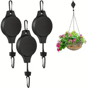 3pcs Pulley Retractable Hanger, Plant Hook, Pulley Adjustable Height Wheel For Hanging Plants, Heavy Duty Indoor Outdoor Plant, Adjustable Hanging Ropes