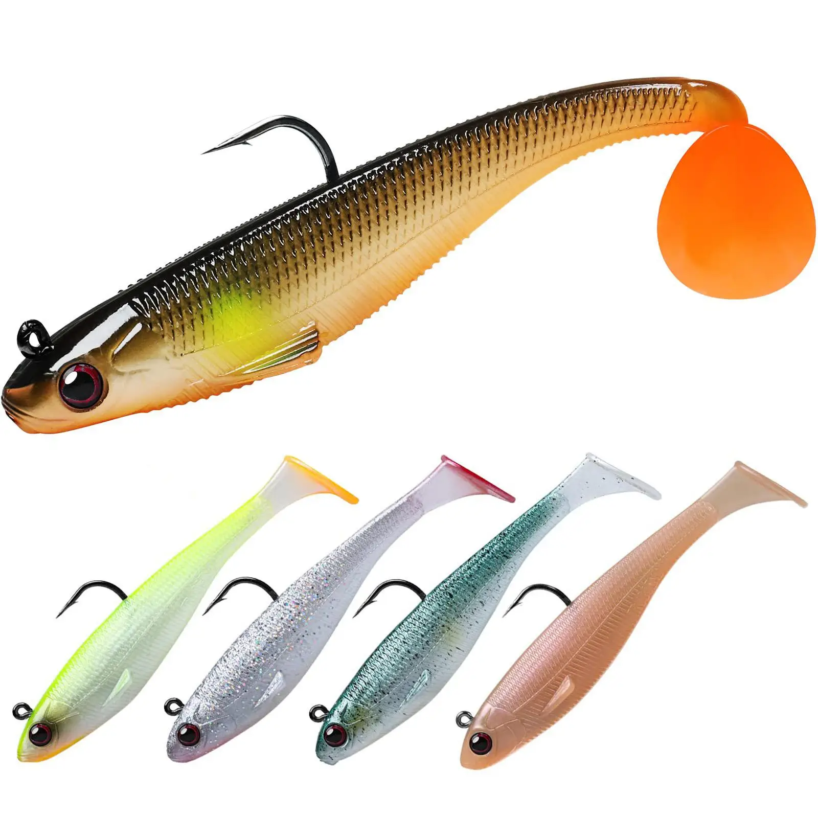 Summer Random Color Pre-rigged Jig Head Soft Fishing Lures, 5 Counts/set Paddle Tail Swimbaits for Bass Fishing, Shad/tadpole Lure with Spinner, Premi