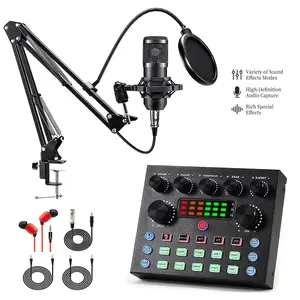 V8S Podcast Equipment Bundle for 2, BM-800 Style Condenser Mic with Live Sound Card & Voice Changer, Professional Recording Studio Kit with 10 DJ Effects & Bluetooth for Singing Gaming Live Streaming YouTube TikTok on PC/Smartphone, Recording Set