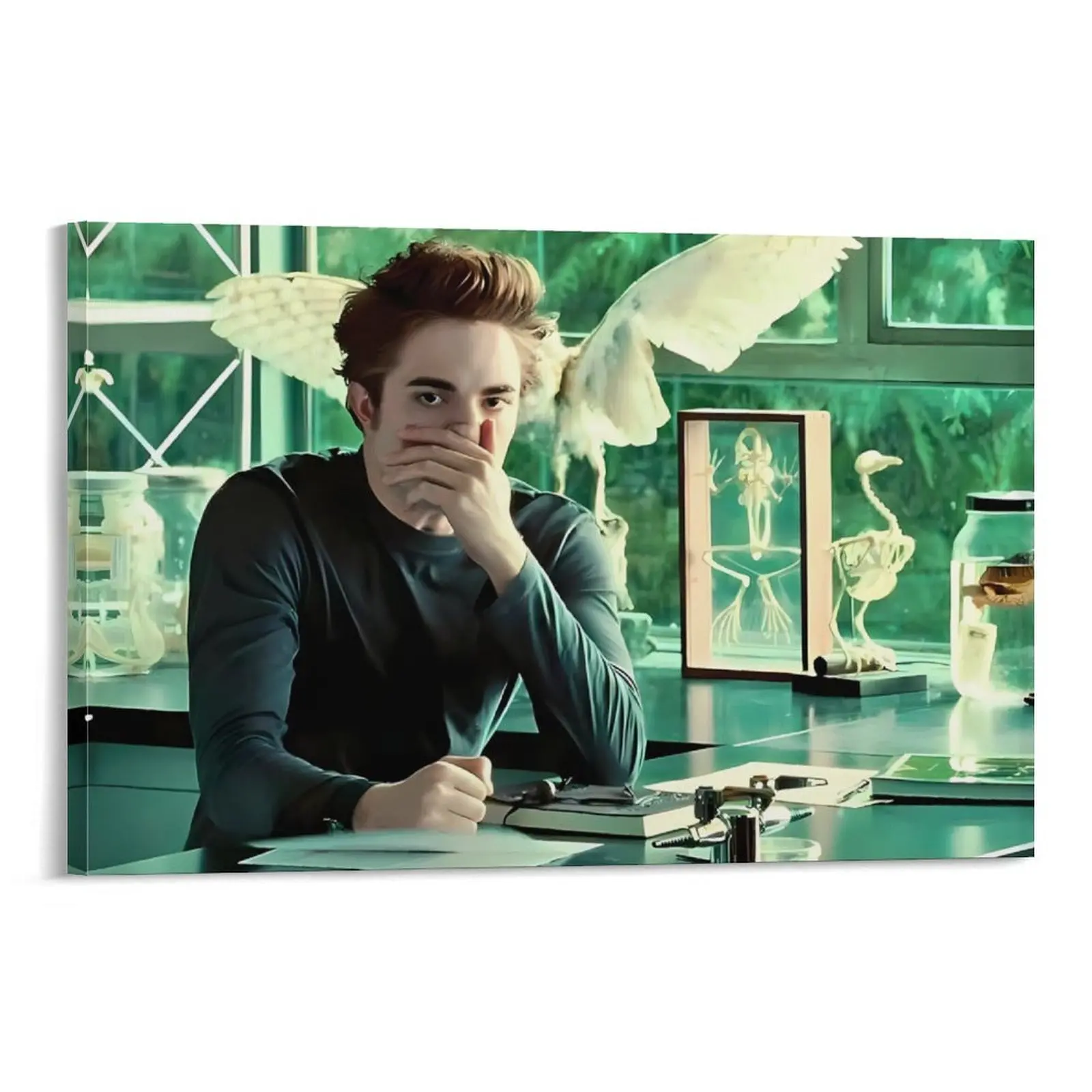 Twilight Edward Cullen Meme Canvas Print Wall Art - R.Pattinson Lab Scene Edward, Bird Skeleton Background, Dark Academia Decorative Art for Bedroom, Office Room Decor, Twilight Fans