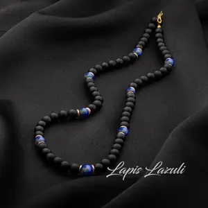 Onyx and Lapis Lazuli 24 inch Beaded Necklace