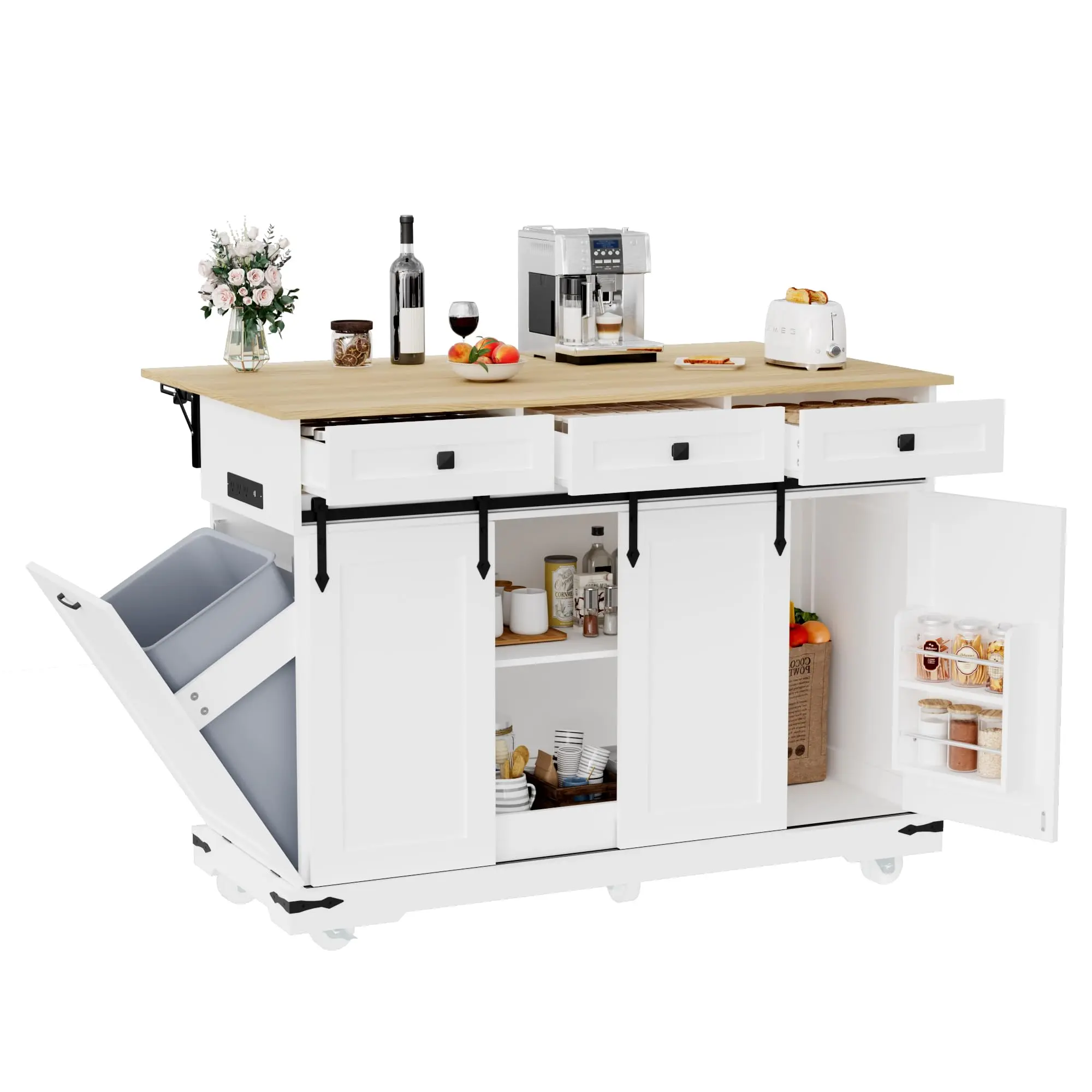 Garvee Rolling Large Kitchen Island Cart - 54x30.2x36.22" Engineered Wood Portable Kitchen Island with Power Outlet, 3 Drawers, Drop Leaf, Trash Can Storage, Spice Rack, Towel Rack Holder, Available in White, Black