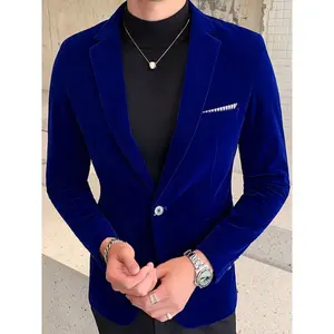 Men Lapel Collar Single Button Velvet Blazer Menswear Suits Fathersdaygift Formal Attire Velour Garments Long Sleeve Black Plain Beige