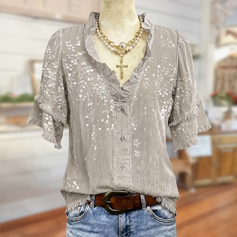 Sage Vell 100% Cotton Taupe/Blue/Green/Beige Floral Print Blouse Ruffle V Neck Button Front Fringe Layered Short Sleeve Loose Fit Casual Top For Daily Vacation Beach Office Wear