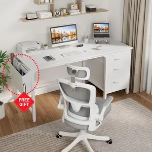 Lufeiya White Computer Desk with Fabric File Drawers Cabinet, 55 Inch Reversible Desks with Storage Filing Cabinet for Home Office, Modern Writing Table PC Desks for Bedroom, White, Get Free Gift