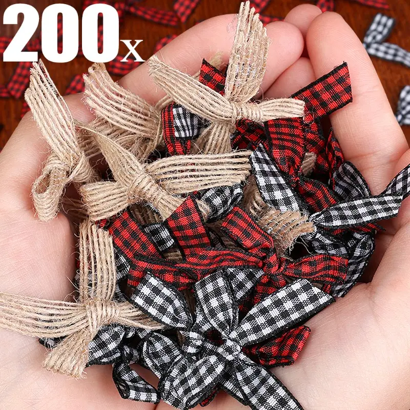 Rustic Mini 4.5*3.5cm Burlap Christmas Bows (20/40/60/100/200pcs) - Hand-Tied Red Black Plaid Ribbon Bows, Farmhouse Home Decorating Ornaments for Xmas Tree, Festive Xmas Decor