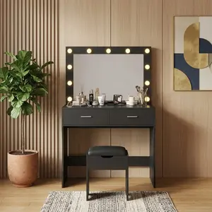 LED Lighted Vanity Set with Desk & Chair, Large Mirror, Spacious Storage Drawers and Shelves, Multifunctional Makeup Dressing Table for Bedroom Home Use